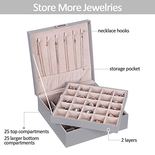 BEWISHOME Earring Holder Organizer for Cufflinks, Rings, Pendants, Chains 50 Slots Jewelry Earring Organizer with Necklace Hooks, 2 Stackable Trays Earring Jewelry Box for Women Girls, Grey SSH11H