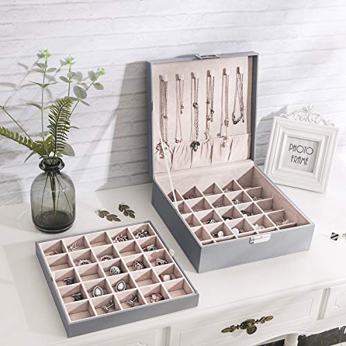 BEWISHOME Earring Holder Organizer for Cufflinks, Rings, Pendants, Chains 50 Slots Jewelry Earring Organizer with Necklace Hooks, 2 Stackable Trays Earring Jewelry Box for Women Girls, Grey SSH11H