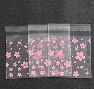 nf orange 200 pieces self adhesive cookie bags candy bags party favor bags treat bags gift bag (cherry blossoms)