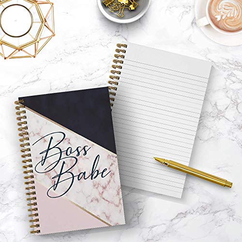 Softcover Boss Babe 5.5" x 8.5" Spiral Notebook/Journal, 120 College Ruled Pages, Durable Gloss Laminated Cover, Gold Wire-o Spiral. Made in the USA