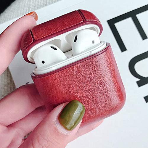 CoreLife Leather AirPods Case Cover with Keychain Clip, Protective Hard Vegan Leather Cover for Apple AirPods 1 & 2 Charging Case (Red)