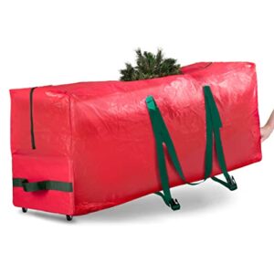 zober rolling large christmas tree storage bag - fits artificial disassembled trees, durable handles & wheels for easy carrying and transport - tear/waterproof polyethylene plastic duffle bag (7.5 ft., red)