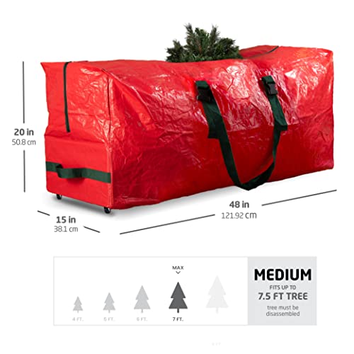 Zober Rolling Large Christmas Tree Storage Bag - Fits Artificial Disassembled Trees, Durable Handles & Wheels for Easy Carrying and Transport - Tear/Waterproof Polyethylene Plastic Duffle Bag (7.5 Ft., Red)