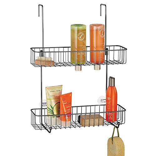 mDesign Extra Wide Metal Wire Over The Bathroom Shower Door Caddy, Hanging Storage Organizer Center with Built-in Hooks and Baskets on 2 Levels for Shampoo, Body Wash, Loofahs - Graphite Gray