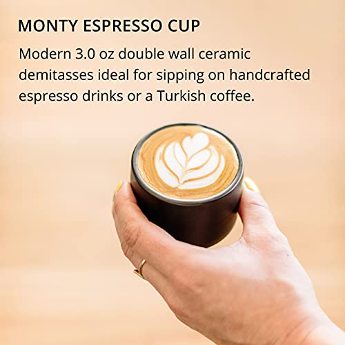 Fellow Monty Milk Art Espresso Cups - Small Double Wall Ceramic Demitasse, Matte Black with Graphite Base, 3 oz Cup (Set of 2)