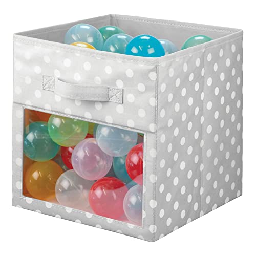 mDesign Fabric Nursery/Playroom Closet Storage Organizer Bin Box, Front Handle/Window for Cube Furniture Shelving Unit, Hold Toys, Clothes, Diapers, Bibs, 4 Pack, Gray/White Polka Dot