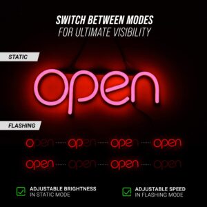 Flashing LED Neon Open Sign Light for Business with ON & Off Switch - Lightweight & Energy Efficient for Restaurants Offices Retail Shops Window Storefronts - Red