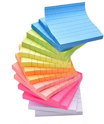 Sticky Note Pads 14 Pads Lined 3x3 inches Sticky Notes 7 Bright Colors Self-Stick Notes with Lines 80 Sheets/Pad Easy Post Individually Wrapped Red Pink Green White Yellow Orange Blue