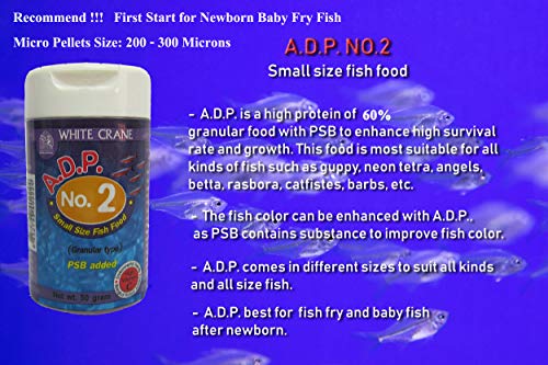 A.D.P. No.2 Powder Type, Tropical Fish Food Floating Mini Micro Pellets for Feed Baby Fry Fish & Small Fish Special High Protein 60% Fish Feed 50 Gram, Growth Fast & Color Enhancing