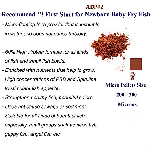 A.D.P. No.2 Powder Type, Tropical Fish Food Floating Mini Micro Pellets for Feed Baby Fry Fish & Small Fish Special High Protein 60% Fish Feed 50 Gram, Growth Fast & Color Enhancing