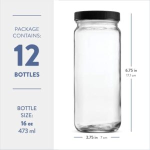 Travel Glass Drinking Bottle Mason Jar 16 Ounce [12-Pack] Plastic Airtight Lids, Reusable Glass Water Bottle for Juicing, Smoothies, Kombucha, Tea, Milk Bottles, Homemade Beverages Bottle,