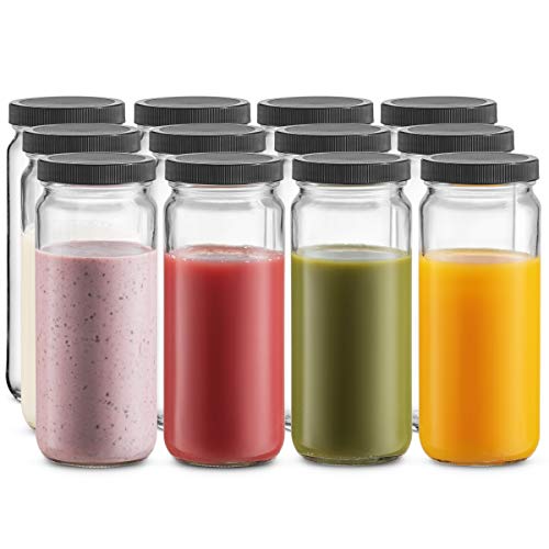 Travel Glass Drinking Bottle Mason Jar 16 Ounce [12-Pack] Plastic Airtight Lids, Reusable Glass Water Bottle for Juicing, Smoothies, Kombucha, Tea, Milk Bottles, Homemade Beverages Bottle,