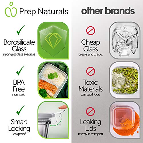 PrepNaturals Glass Meal Prep Containers Glass Food Storage Containers with Lids - 2 Compartment Glass Lunch Containers (10 Pack) Glass Storage Containers with Lids Glass Containers for Food Storage