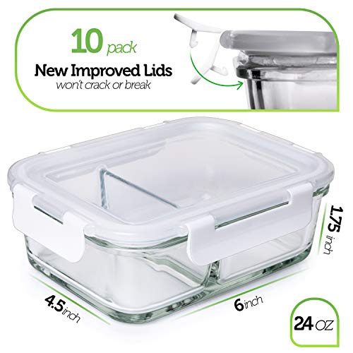 PrepNaturals Glass Meal Prep Containers Glass Food Storage Containers with Lids - 2 Compartment Glass Lunch Containers (10 Pack) Glass Storage Containers with Lids Glass Containers for Food Storage