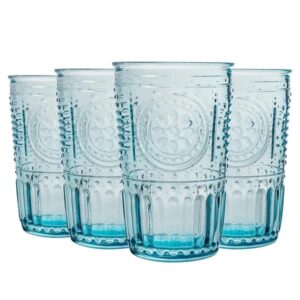 bormioli rocco romantic set of 4 tumbler glasses, 11.5 oz. colored crystal glass, light blue, made in italy.