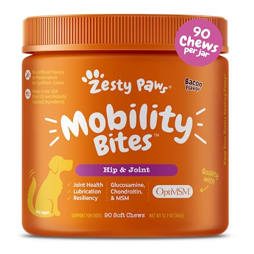 Zesty Paws Mobility Bites Dog Joint Supplement - Hip and Joint Chews for Dogs - Pet Products with Glucosamine, Chondroitin, & MSM + Vitamins C and E for Dog Joint Relief - Bacon – 90 Count