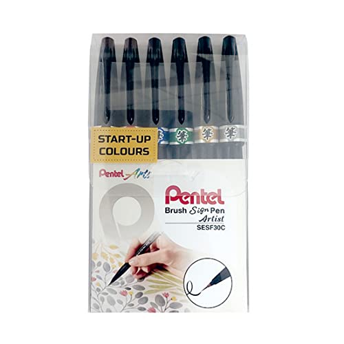 Pentel Arts Sign Pen Micro Brush, Assorted Ink, (A/B/C/D/E/G) 6-pk (SESF30BP6M) ,Black