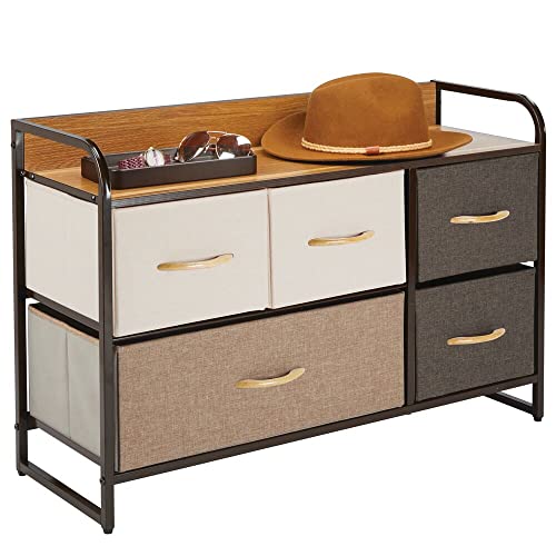 mDesign Wide Dresser Chest with 5 Removable Fabric Drawers - Furniture Storage Unit with Steel Frame and Wood Top for Bedroom, Office, Home Organization - Multi-Color/Espresso Brown