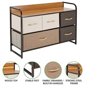 mDesign Wide Dresser Chest with 5 Removable Fabric Drawers - Furniture Storage Unit with Steel Frame and Wood Top for Bedroom, Office, Home Organization - Multi-Color/Espresso Brown