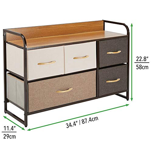 mDesign Wide Dresser Chest with 5 Removable Fabric Drawers - Furniture Storage Unit with Steel Frame and Wood Top for Bedroom, Office, Home Organization - Multi-Color/Espresso Brown