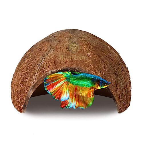 SunGrow Betta Fish Cave, Habitat Made from Coconut Shell, Soft-Textured Smooth Edged Spacious Hideout, for Resting and Breeding, 1 Pc