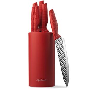 luxury kitchen knife block set - with 6 stainless steel knives, chef quality utensils with santoku, paring, carving, utility, and bread knife cutlery, precision sharp blades, all-purpose use red set