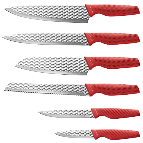 Luxury Kitchen Knife Block Set - with 6 Stainless Steel Knives, Chef Quality Utensils with Santoku, Paring, Carving, Utility, and Bread Knife Cutlery, Precision Sharp Blades, All-Purpose Use Red Set