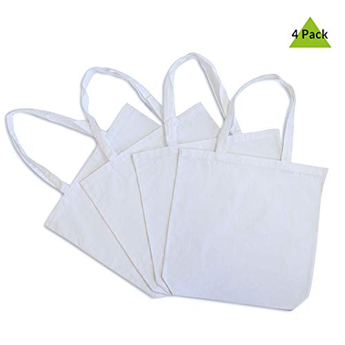 White Tote Bags - 4 Pack Canvas Bags with Handles, Shopping Bags Made with Reusable Organic Cotton Fabric Cloth for Grocery, Market, Beach, Pool, Gifts, DIY, Washable & Eco Friendly - 15.7x3.3x15.7