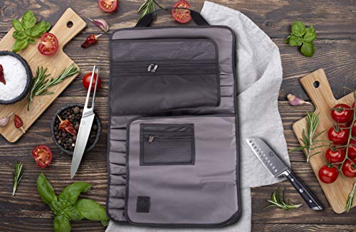Dalstrong Ballistic Series Knife Roll - Graphite Black - Premium Ballistic Nylon & Top Grain Leather Roll Bag - 22 Knife Slots - Interior and Rear Zippered Pockets - Blade Travel Storage/Case