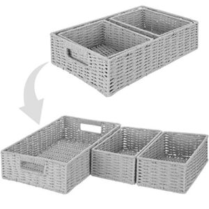 MyGift Rustic Gray Woven Storage Baskets for Bathroom Bedroom, Decorative Small Nesting Basket for Organizing Shelf Container Bins, 3 Pack