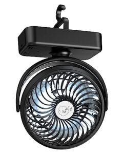 reenuo portable camping fan, small tent fan with hanging hook, 40 working hours rechargeable usb battery fan with led lights for desk, bedroom, travel & emergency kit