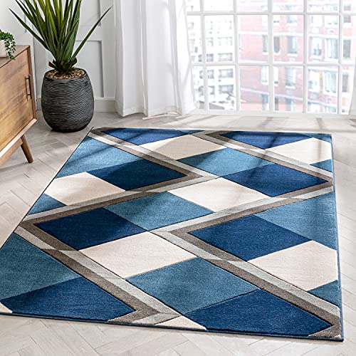 Well Woven Naya Blue Modern Geometric Diamond Boxes Pattern Area Rug 5x7 (5'3" x 7'3")