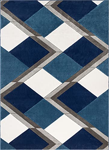 Well Woven Naya Blue Modern Geometric Diamond Boxes Pattern Area Rug 5x7 (5'3" x 7'3")