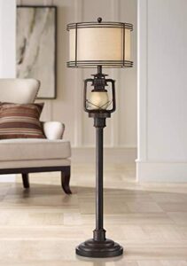 barnes and ivy henson rustic industrial farmhouse standing floor lamp with night light glass 63" tall bronze earthy fabric drum shade decor for living room reading house bedroom home