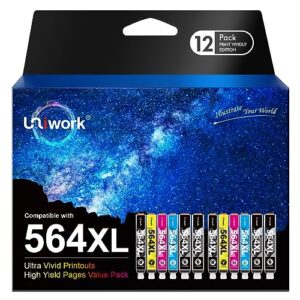 uniwork compatible ink cartridge replacement for hp 564 564xl (4bk/2pb/2c/2m/2y) for photosmart 7525 7520 7510 c309a c310a b8550 d5460 c6350 d7560 printer tray, 12 pack