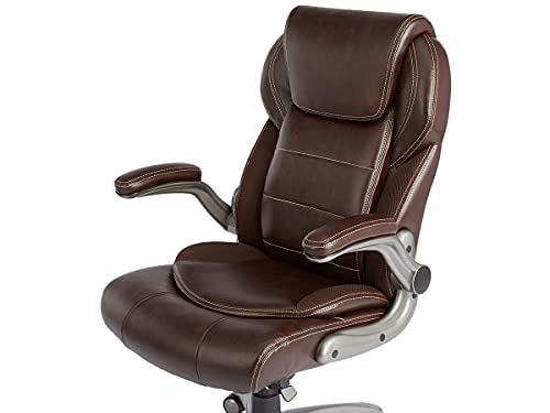 AmazonCommercial Ergonomic High-Back Bonded Leather Executive Chair with Flip-Up Arms and Lumbar Support, Brown