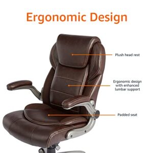 AmazonCommercial Ergonomic High-Back Bonded Leather Executive Chair with Flip-Up Arms and Lumbar Support, Brown