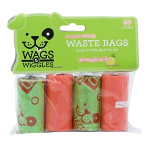 wags & wiggles large scented dog waste bags | pineapple scented dog poop bags | 4 rolls of doggie bags, 60 count dog waste pickup bags in green/orange