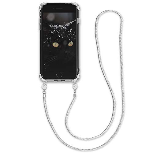 kwmobile Case Compatible with Apple iPhone SE (2022) / iPhone SE (2020) / iPhone 8 / iPhone 7 - Crossbody Case Clear Transparent TPU Phone Cover with Metal Chain Strap - Silver/Transparent