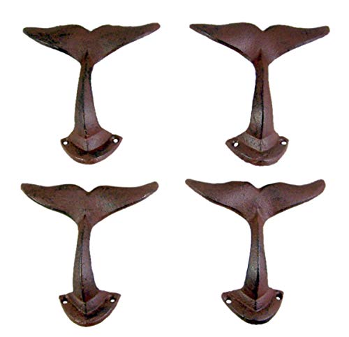 MUDHEN UpperDeck Primitive Whale Tail Cast Iron Wall Hooks, Pack of 4