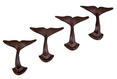 MUDHEN UpperDeck Primitive Whale Tail Cast Iron Wall Hooks, Pack of 4