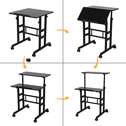 soges Mobile Standing DeskAdjustable Height, Roling Sit-Stand Desk, Small Standing Computer Desk Workstation on Wheels, Sit Stand Up Desk for Home Office, Black