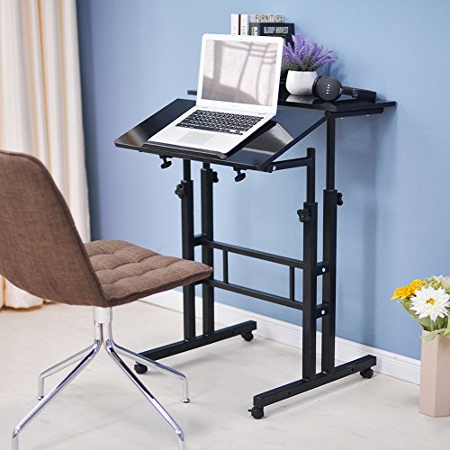 soges Mobile Standing DeskAdjustable Height, Roling Sit-Stand Desk, Small Standing Computer Desk Workstation on Wheels, Sit Stand Up Desk for Home Office, Black