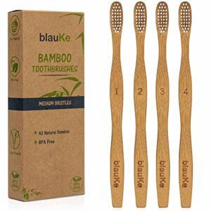 bamboo toothbrushes medium bristles 4-pack – biodegradable, sustainable, compostable, natural, eco friendly wood toothbrush set – blauke®