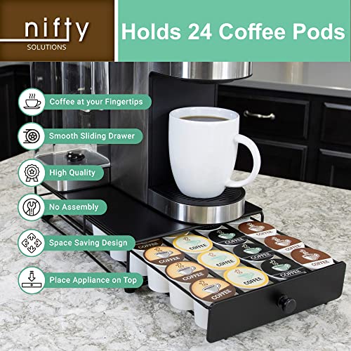 Nifty Solutions Capacity Nifty Rolling Mini Black Finish, Compatible with K-Cups, 24 Pod Pack Holder, Compact Under Coffee Pot Storage Drawer, Slim Home Kitchen Counter Organizer