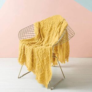 simple&opulence 100% cotton throw blanket for bed, couch, boho textured geometric knit woven blanket with tassels soft, lightweight breathable shabby chic farmhouse decoration for all-season(yellow)