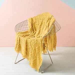 Simple&Opulence 100% Cotton Throw Blanket for Bed, Couch, Boho Textured Geometric Knit Woven Blanket with Tassels Soft, Lightweight Breathable Shabby Chic Farmhouse Decoration for All-Season(Yellow)