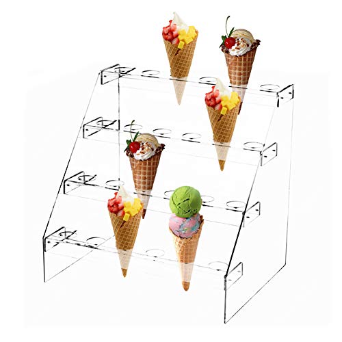 Fivtyily Clear Acrylic Food Cone Display Stand Rack Ice Cream Cone Serving Holder for Buffets Party (4 Layer, 24 Hole)