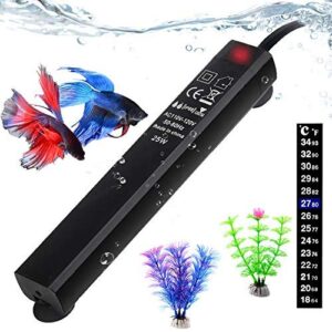 betta fish tank heater, 25w mini aquarium heaters free 2 artificial plants 1 stick-on thermometer strip 2 suction cups, water warmer temperature controller smart thermostat for 3-5 gallon tank