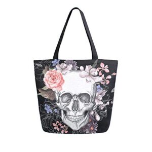 naanle day of the dead canvas tote bag large women casual shoulder bag handbag, floral skull reusable multipurpose heavy duty shopping grocery cotton bag for outdoors.